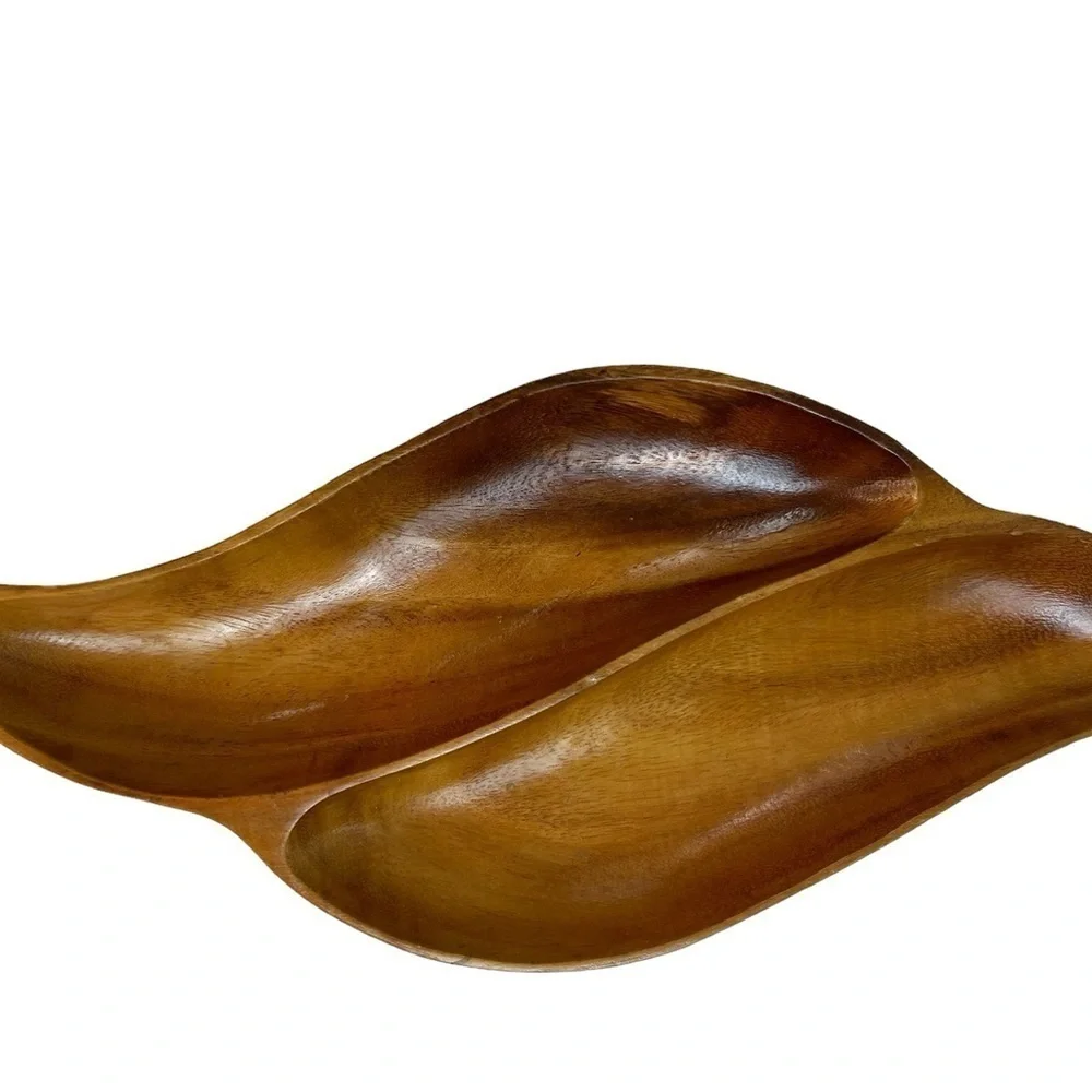 Vintage Monkeypod Wood Carved Divided Dish Serving Trinket Catch All Handmade
